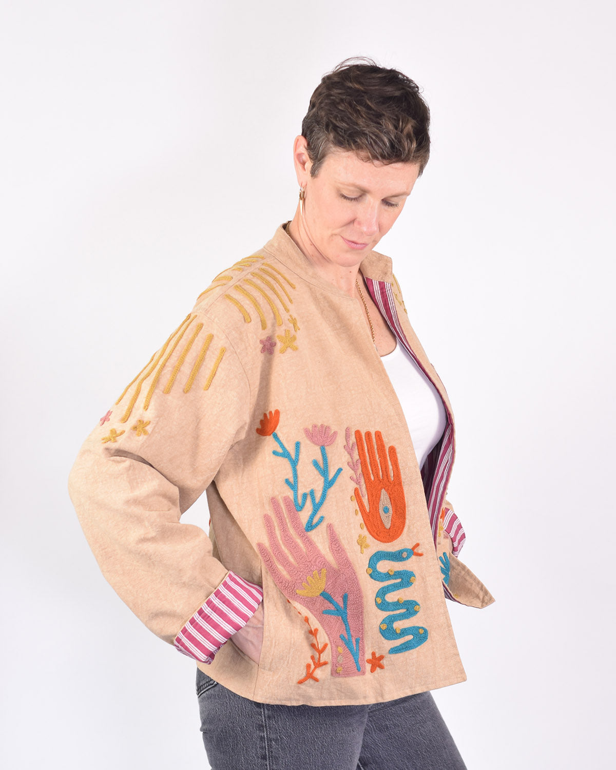 Lightweight "Peace & Love" Canvas Embroidered Jacket - Cream image 3
