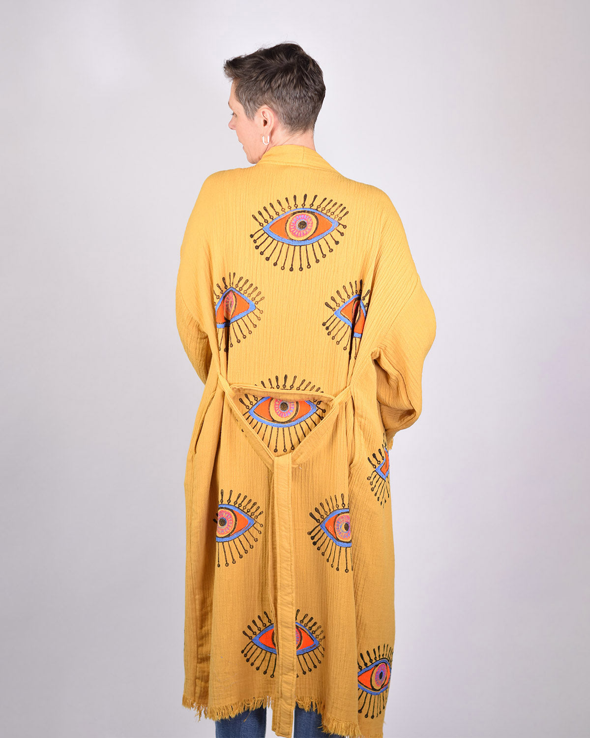 Luxury Turkish Cotton Evil Eye Kimono/Robe - Yellow Ochre image 3