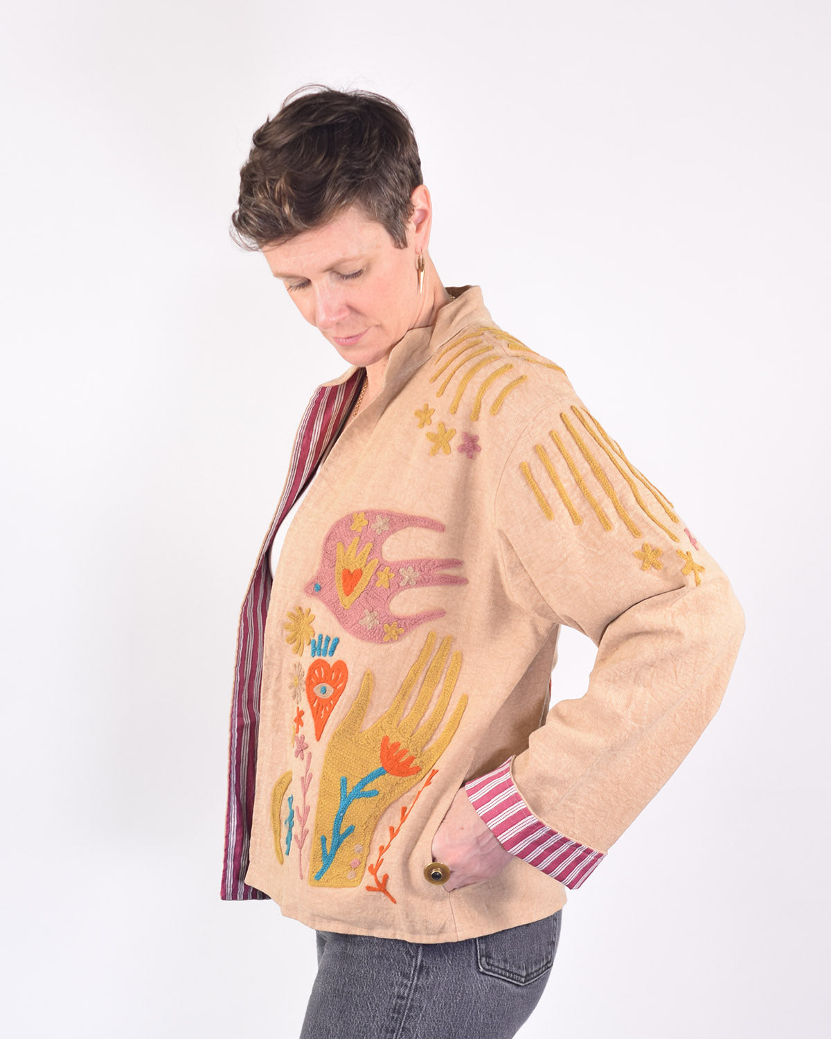 Lightweight "Peace & Love" Canvas Embroidered Jacket - Cream image 1