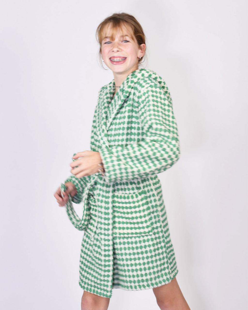 KIDS Organic Turkish Cotton Plush Terry Cloth Robe - Green Checkered image 3
