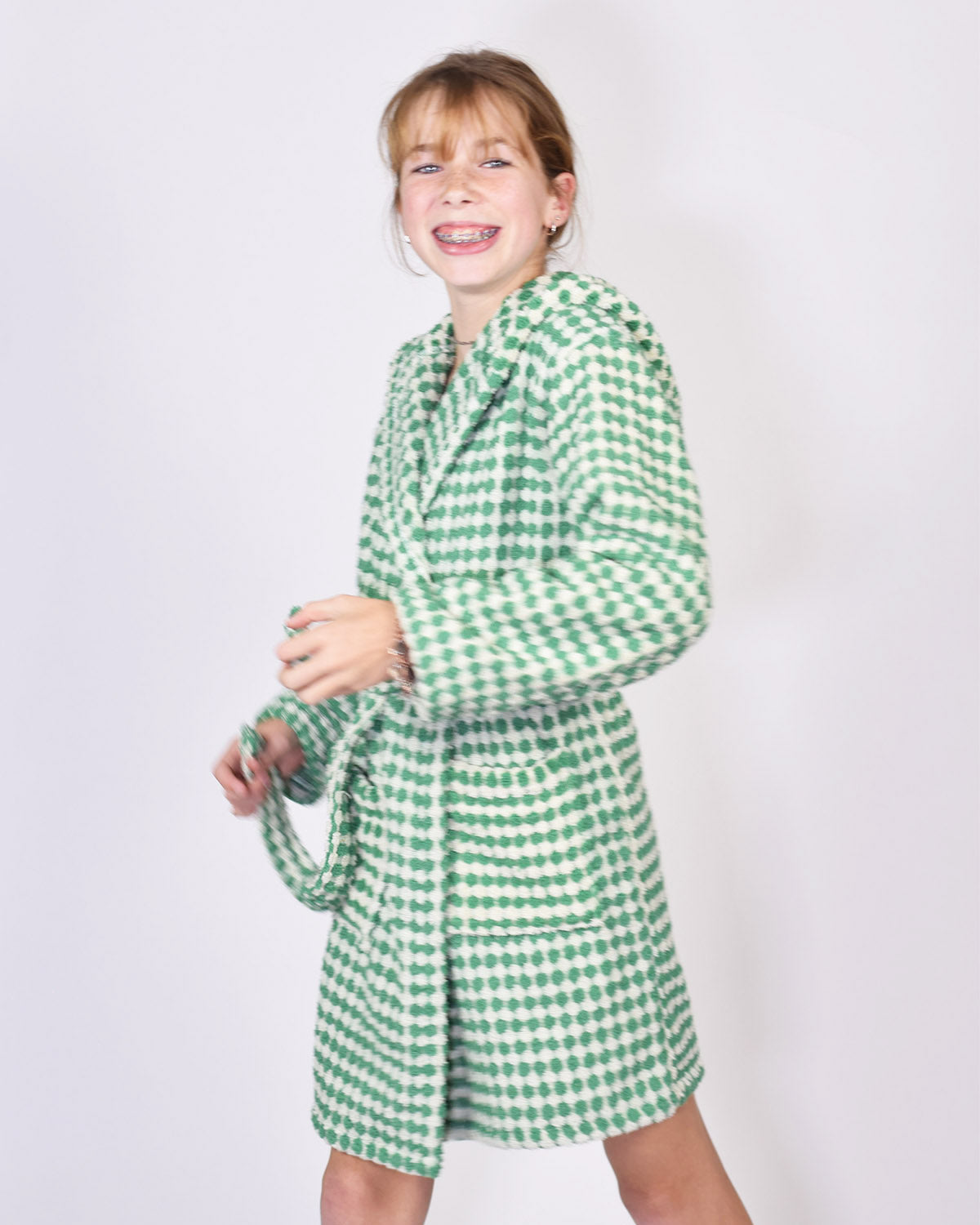 KIDS Organic Turkish Cotton Plush Terry Cloth Robe - Green Checkered image 3