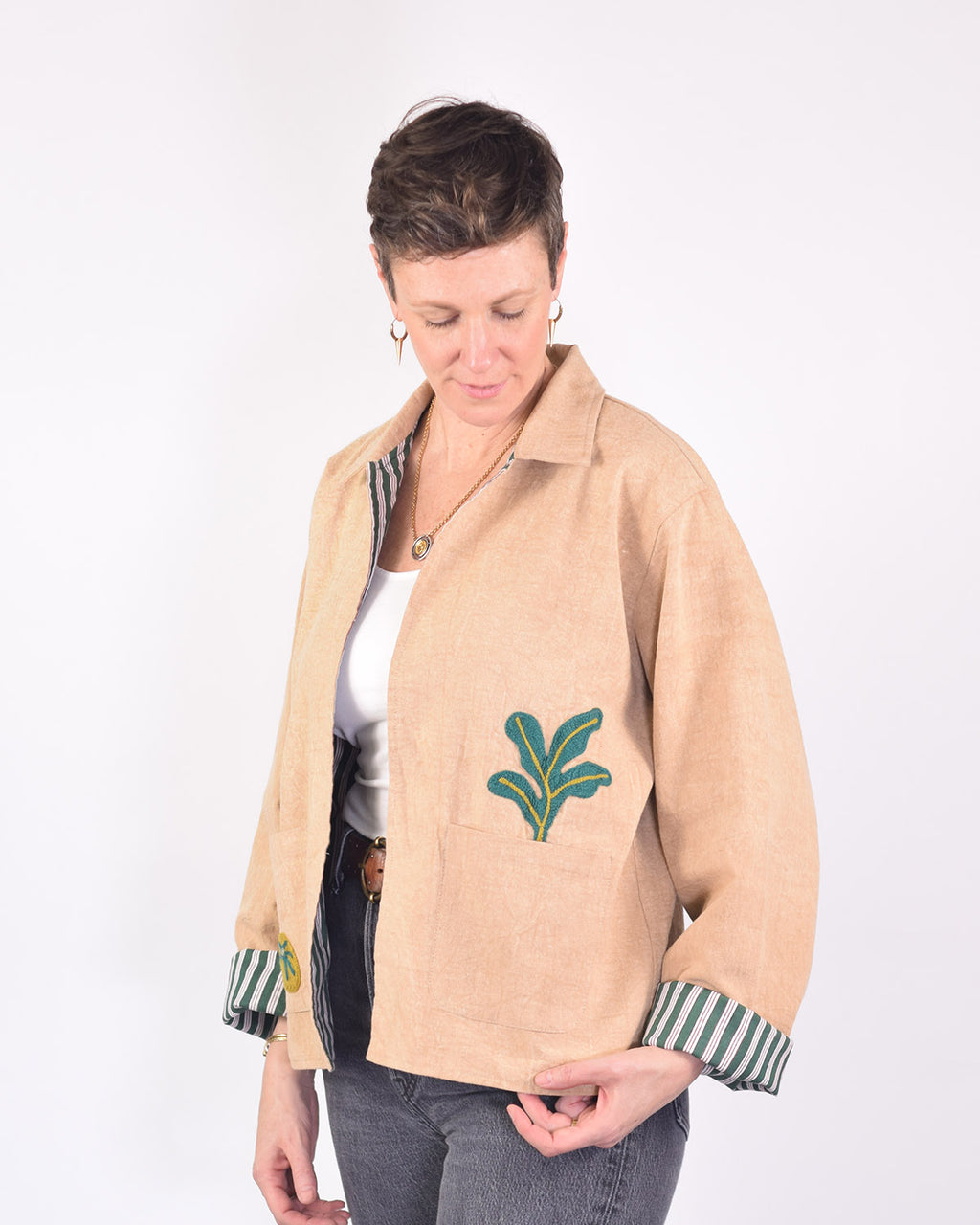 Lightweight "Eat Your Greens" Canvas Embroidered Jacket - Cream image 3