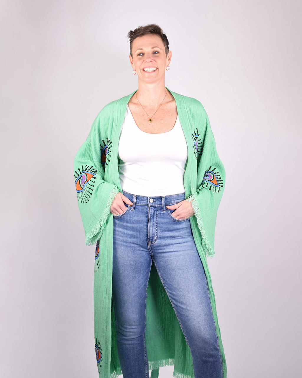Luxury Turkish Cotton Evil Eye Kimono/Robe - Soft Jade image 8
