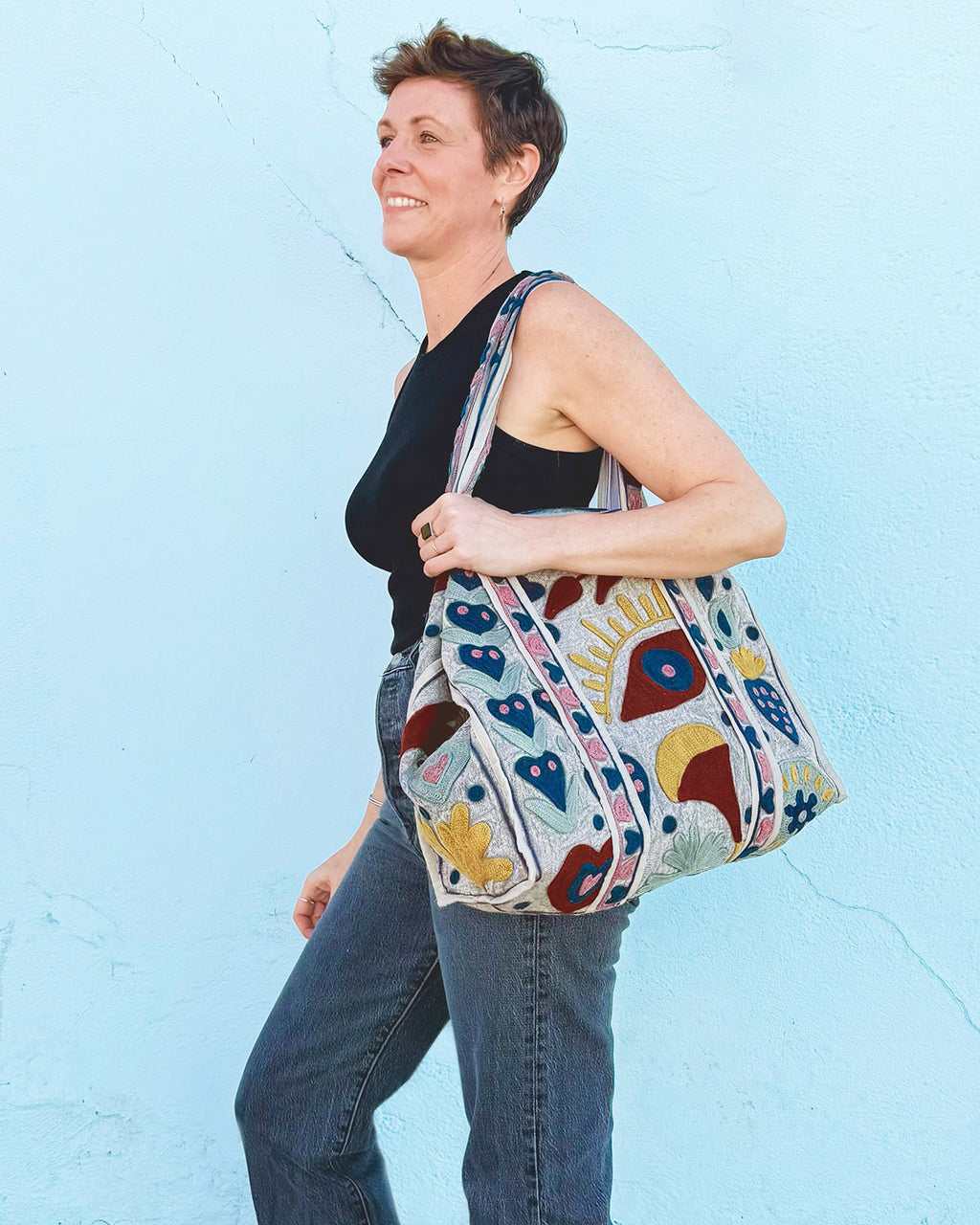 Canvas Suzani Embroidered Oversized Tote Bag - 03 image 5