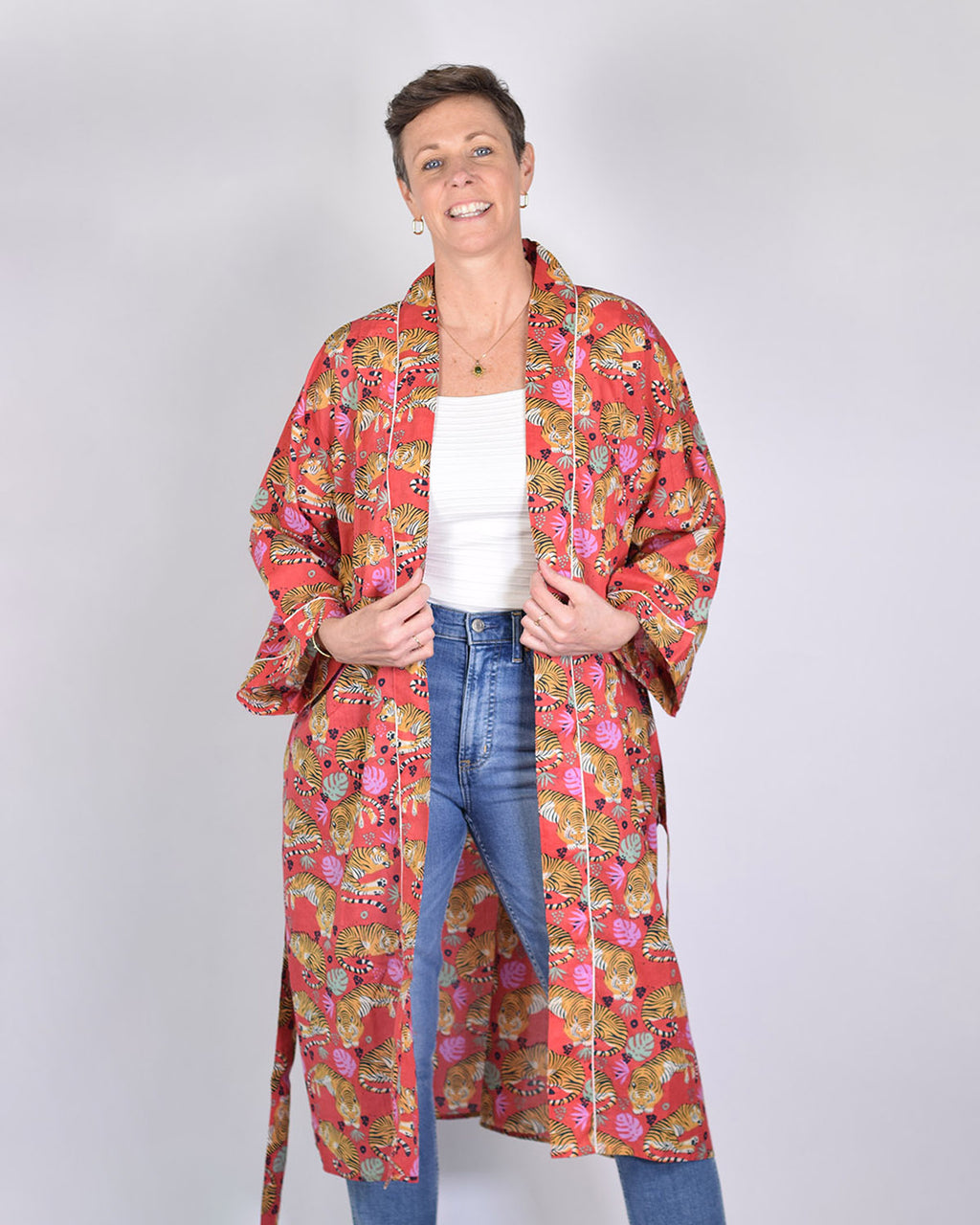 Lightweight Cotton Robe / Kimono - Sleeping Tigers Red image 3