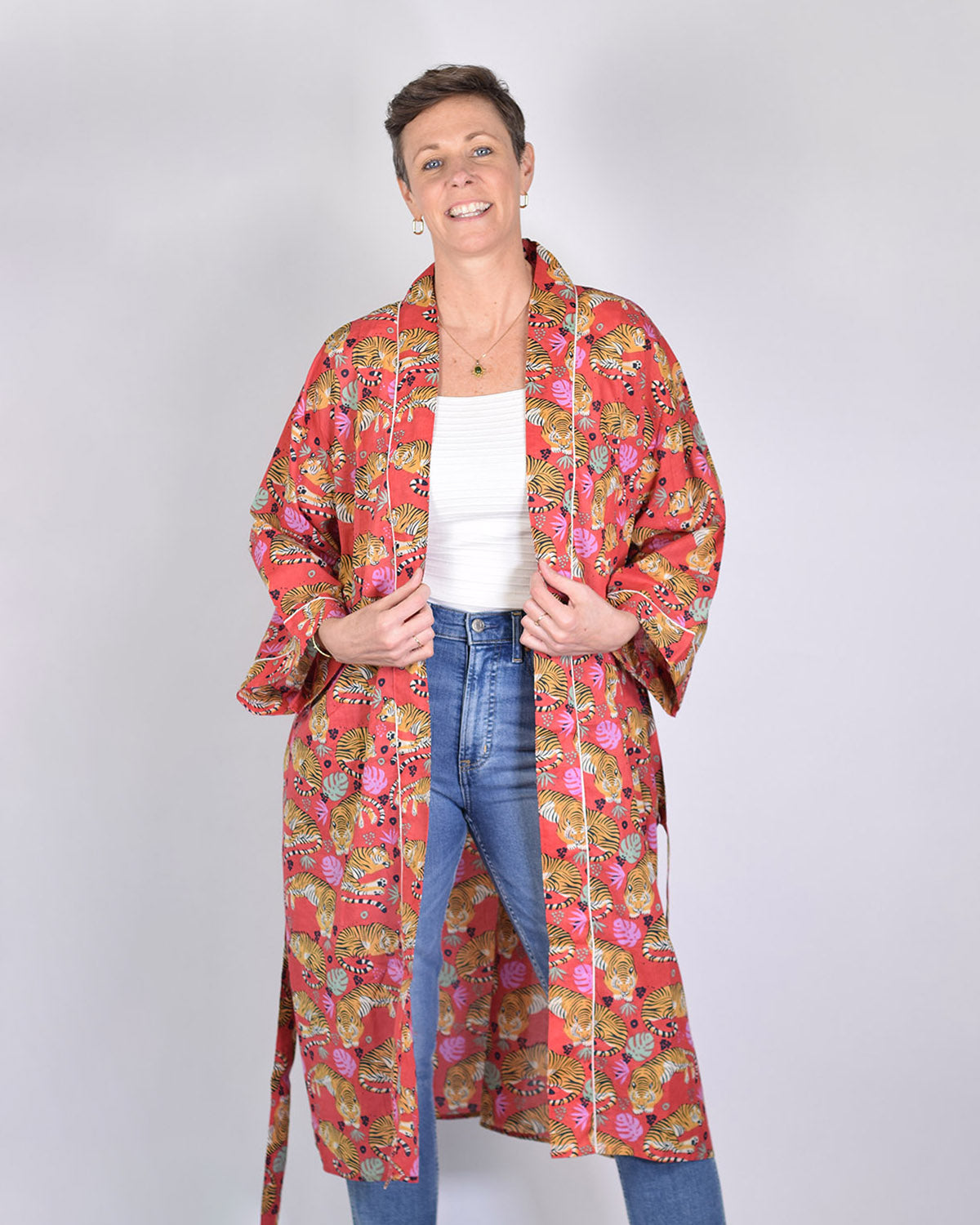 Lightweight Cotton Robe / Kimono - Sleeping Tigers Red image 3