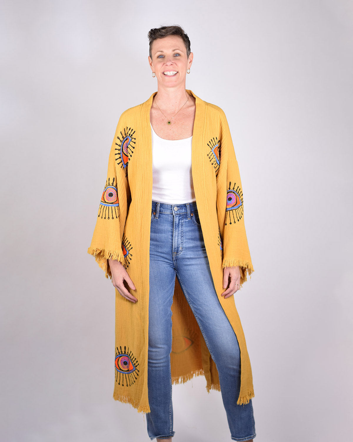 Luxury Turkish Cotton Evil Eye Kimono/Robe - Yellow Ochre image 1