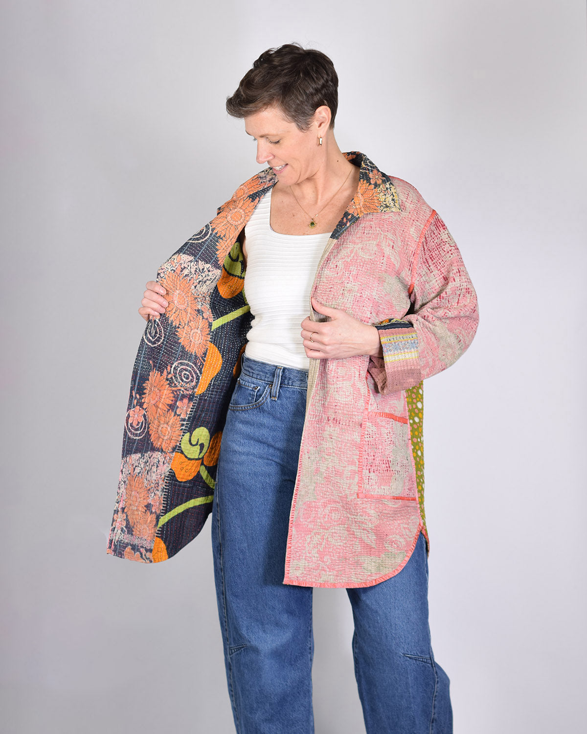 Frankie Long Quilted Reversible Patchwork Kantha Jacket - 09 image 1